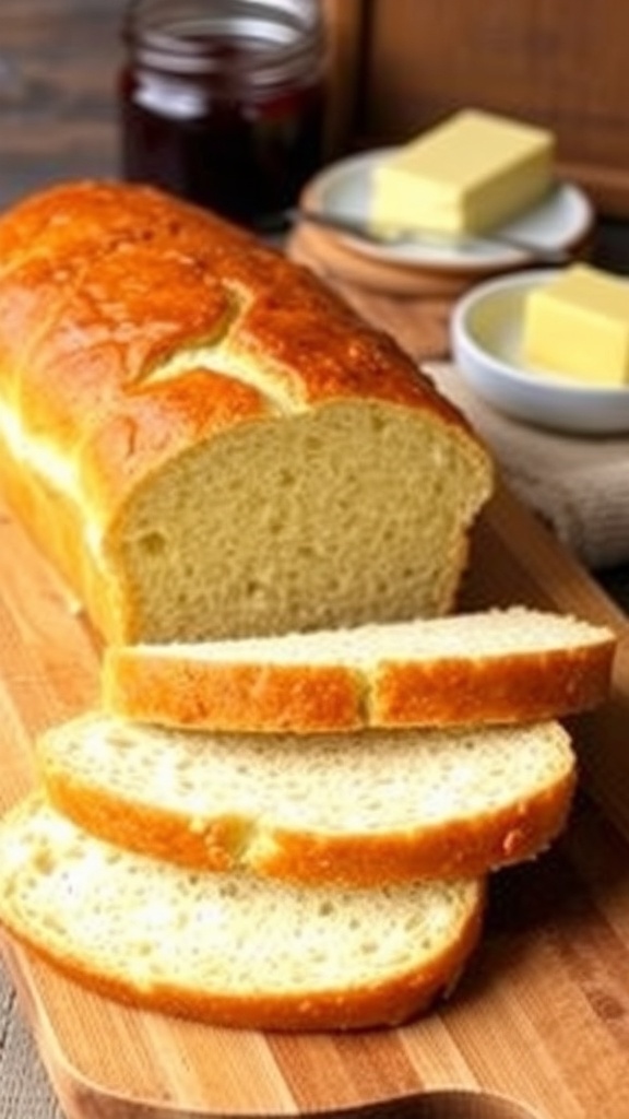 A loaf of homemade sandwich bread, sliced, on a wooden board with jam and butter.